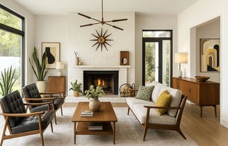 Spacious Mid-Century living room with low-profile sofas, wood beams, and sunburst clock