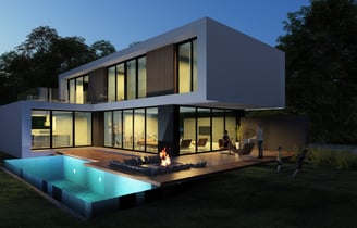 a house with a pool and a fire pit