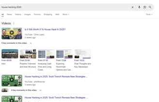 A screenshot of a search for house hacking 2025, showing the importance of video optimization