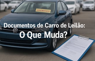 Carro azul com etiqueta 'ARREMATADO' em pátio de leilão, ao lado de uma prancheta com documentos e a