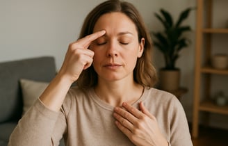 Woman doing EFT tapping for stress relief at home.