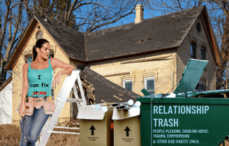 a woman standing in front of a house with a trash dumpster