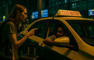 Frustrated female traveler arguing with taxi driver at Bangkok airport over fare, highlighting issue