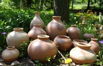 Various pieces of wild clay pottery, showcasing different shapes and textures