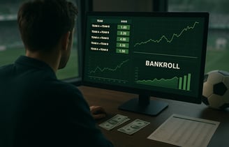 Homem analisando gráficos de apostas esportivas e gestão de banca em tela de computador