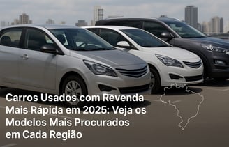 Três carros usados estacionados em um terraço urbano, representando os modelos hatch, sedan e SUV, c