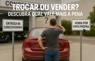 Homem visto de costas, parado entre dois cartazes: à esquerda, uma placa aponta para “ENTREGA NA CON