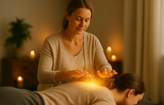 Reiki energy healing on client’s back