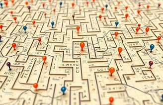 A visual metaphor for navigating complexity, like a maze or a map with data points.