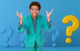 a woman in a green suit and a question mark