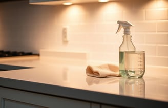 A spray bottle and reusable cleaning cloth on a kitchen counter.