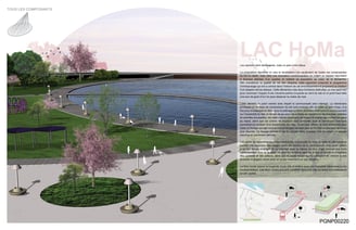 a landscaped image of a lake with a large circular shaped area