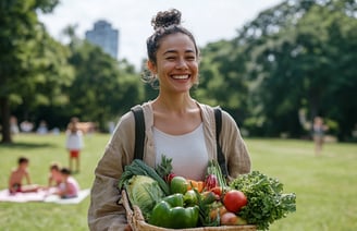 a woman holding a basket of vegetables in a park