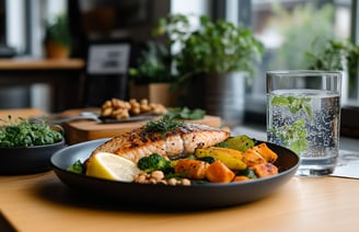 a plate of food with a glass of water and a glass of water