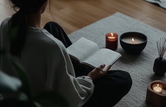 a woman sitting on a rug with candles and candles