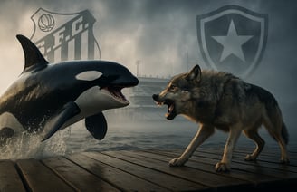 Orca e lobo se encaram sobre um deck com a Vila Belmiro e escudos de Santos e Botafogo