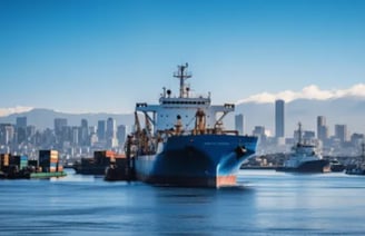 a large ship in the water with a city in the background