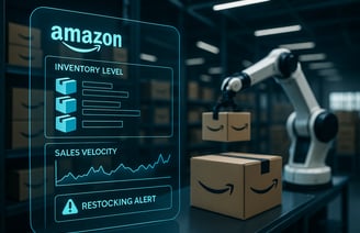 Interfaz holográfica mostrando la gestión de inventario y logística FBA en un almacén de Amazon.