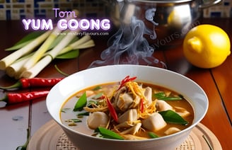 A bowl filled iwth Tom Tum Goong, slong with onion and lemons