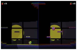 Split-screen gameplay showing Verdok and Roskar exploring opposite paths.