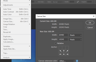 Configuring canvas size in photoshop