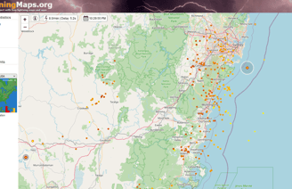 Sample screen shot from LightningMaps.org showing locations sample of recent lightning strikes map.