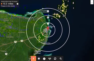 Lightning distance map for Cancun Mexico Dec 2023 to show the distance tool available with Spark.