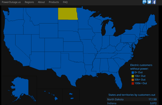 Sample screenshot of PowerOutage.us website of US showing map of states that can be clicked on to see county level detail.