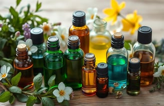 various essential oil bottles, surrounded by lush green herbs and delicate flowers