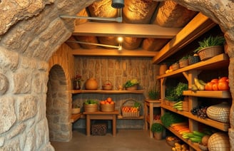 Interior of a rustic root cellar with insulated walls, showcasing various moisture control technique