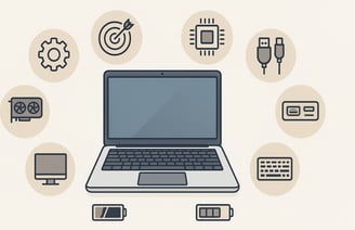 Ilustração digital em estilo flat mostrando um notebook moderno no centro, com a tela apagada e tecl