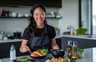 a woman in a black apron in kitchen with healthy foods