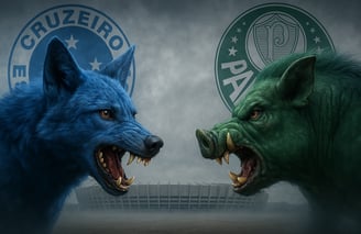 Raposa azul e porco verde em posição de ataque com o Mineirão ao fundo envolto em névoa.