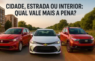 Três carros populares lado a lado em diferentes cenários: à esquerda, um carro urbano com fundo de c