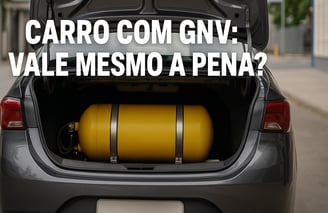 Porta-malas aberto de um carro popular seminovo com cilindro de GNV amarelo instalado de forma profi