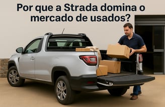 Homem carregando caixas na Fiat Strada prata com frase "Por que a Strada domina o mercado de usados?
