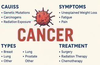Infographic showing cancer causes, symptoms, types, and treatment options with a red cancer cell ill