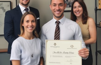 A person in a suit is seated at a desk, holding a phone to their ear and using the other hand to turn pages in a document. The workspace includes a computer monitor, paperwork, and other office supplies. Large windows allow natural light to illuminate the area.