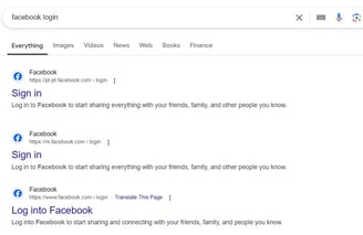Google search results for 'Facebook login' showing links to the Facebook login page, illustrating navigational search intent.