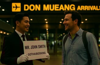 GoThaiBooking chauffeur welcoming passenger with name sign at Don Mueang Airport arrivals terminal i