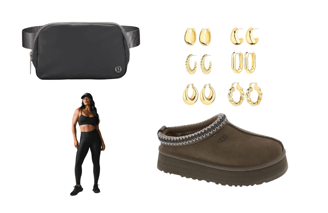 Ugg Tazz Slippers, Lululemon Everywhere Belt Bag, Gold Hoops, Alo Yoga High-Waist Airlift