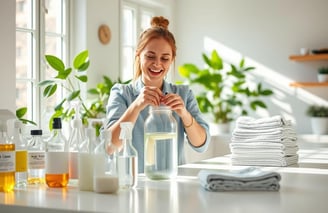 A woman with an array of homemade cleaning products in a kitchen.