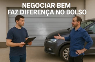 Dois homens negociando ao lado de um carro usado; um segura prancheta, o outro gesticula explicando.