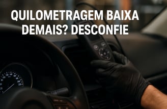 Painel de carro com hodômetro em destaque marcando 59.832 km, enquanto uma mão com luva segura um sc