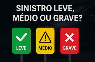 Imagem com fundo escuro mostrando um carro danificado ao fundo e três placas coloridas em destaque n
