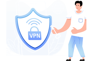 Illustration of a person holding a key standing next to a digital shield with a VPN lock icon