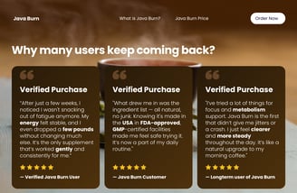 Java Burn customer testimonial quotes highlighting improved energy, metabolism, and daily focus.