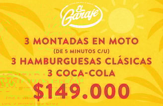 Combo EL Garaje 3 montadas en moto, 3 hamburguesas, 3 coca colas