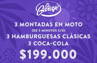 Combo El Garaje 3 montadas en moto, 3 Hamburguesas, 3 coca colas, 