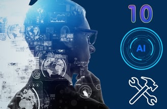 a man in a suit and glasses looking at the symbols 10 AI Tools